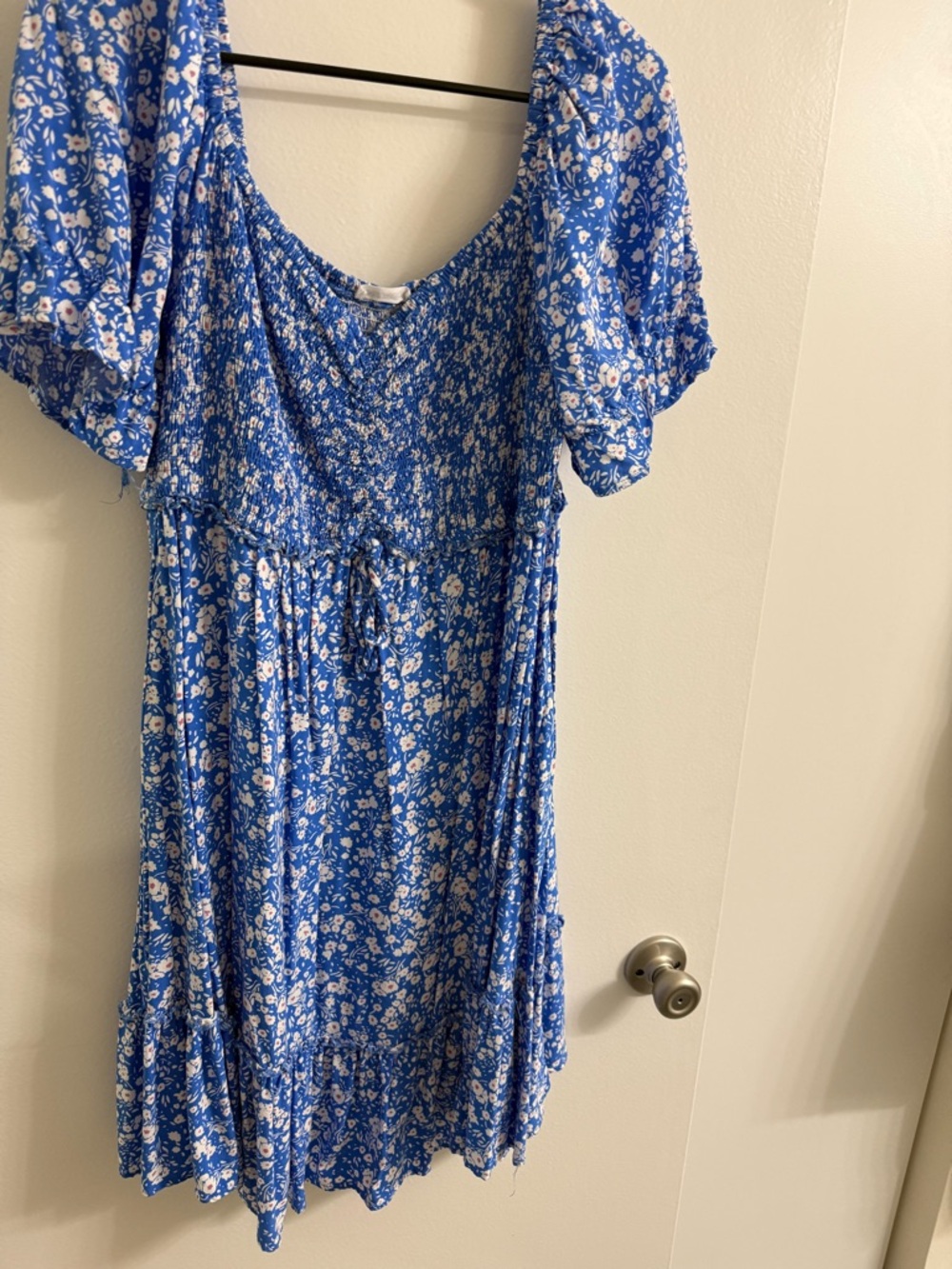 Blue Floral Puff-Sleeve Midi Dress